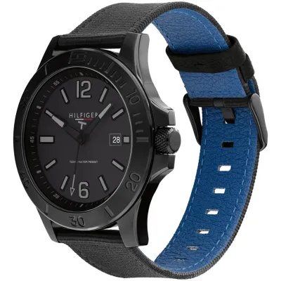 Tommy Hilfiger Black Fabric & Blue Leather Black Dial Men's Watch